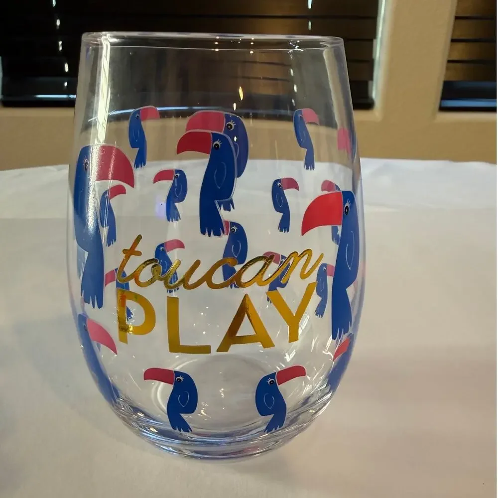 Set of 2 Tropical Summer Stemless Wine Glasses-Pineapple & Toucan Designs